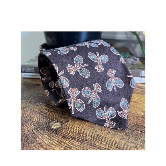 1970s Resilio Brown Orange Tennis Croquet Sports Academic Old Money Linen Tie - Picture 1 of 10